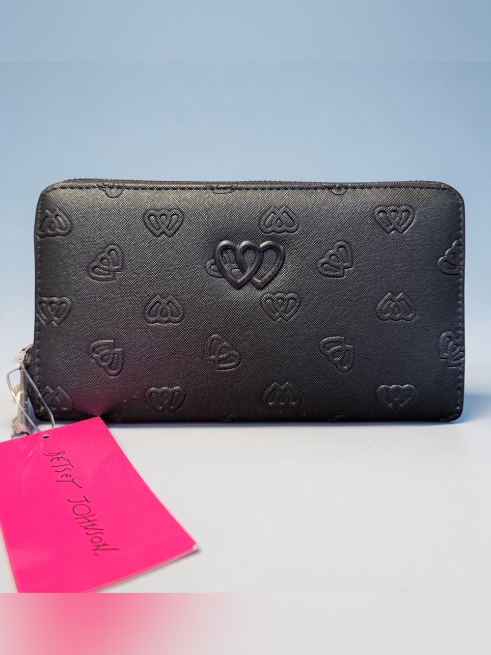 Betsey Johnson Black Embossed Double-Heart Zip Wallet